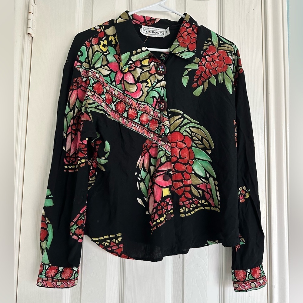 Marsha Brander Componix Black Blouse Vintage Floral  Art To Wear Rayon Size 8